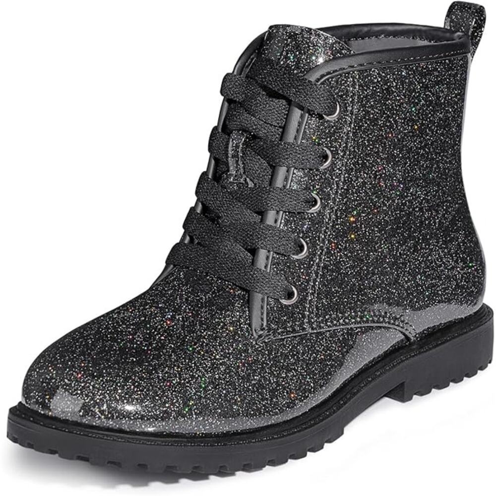 Fitory Girls Size 11 Black Sparkle Glitter Lace Up  Side ZIp Ankle Combat Boots